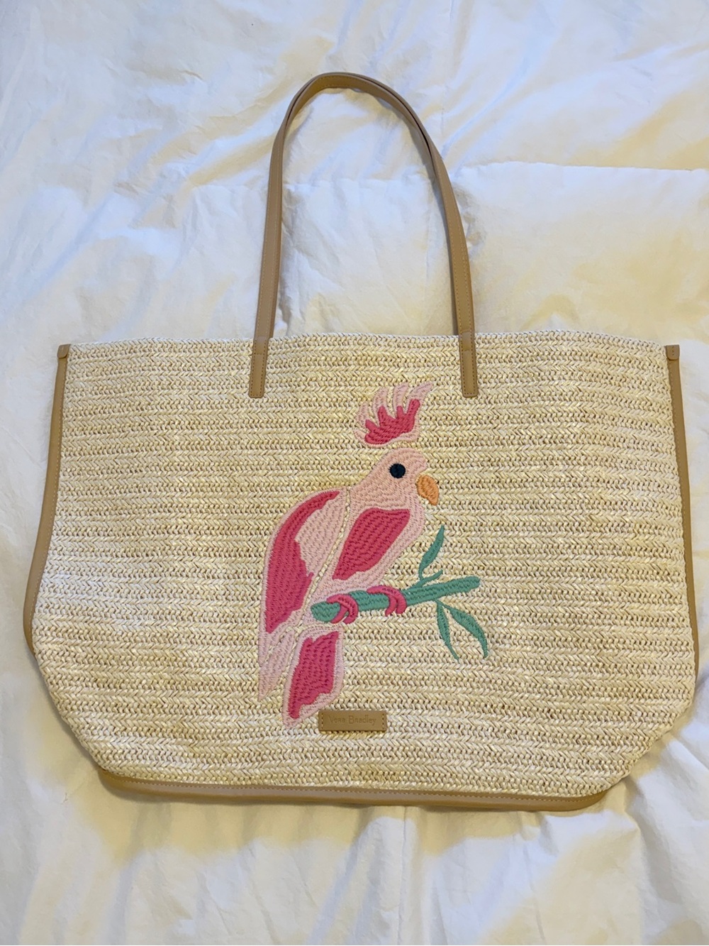 Beautiful Vera Bradley Straw Tote Bag with Pink Parrot Embroidery NWT